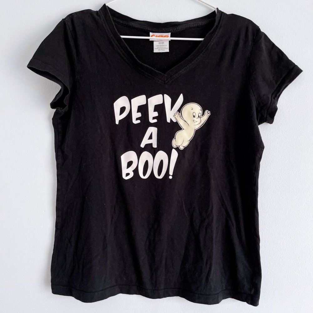 Casper The Friendly Ghost Black Print Tee Halloween Glow in the Dark Shirt Sz L